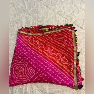 Vibrant Pink & Red Bandhani Dupatta with Multicolor Pom-Pom Trim